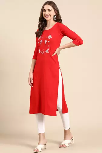 women's knee length round neck red woven design straight kurta