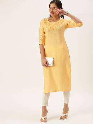 women's calf length round neck orange solid straight kurta 1