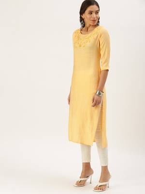 women's calf length round neck orange solid straight kurta 2