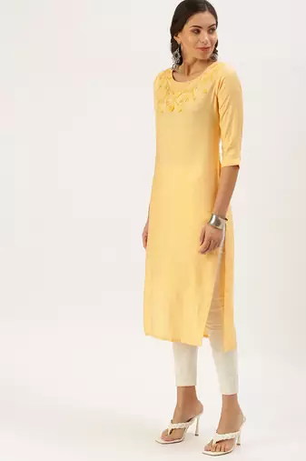 women's calf length round neck orange solid straight kurta