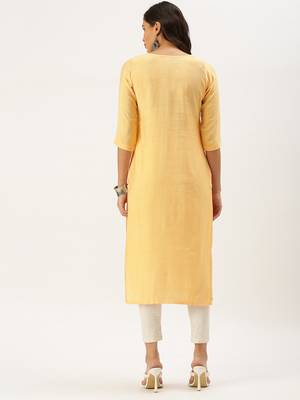 women's calf length round neck orange solid straight kurta 3