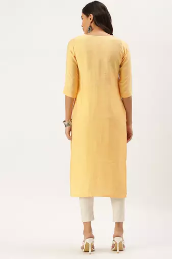 women's calf length round neck orange solid straight kurta