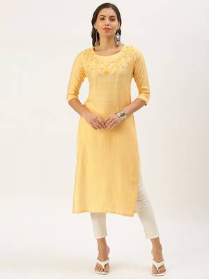 women's calf length round neck orange solid straight kurta 4