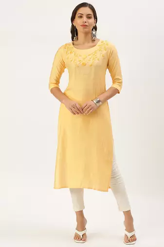 women's calf length round neck orange solid straight kurta