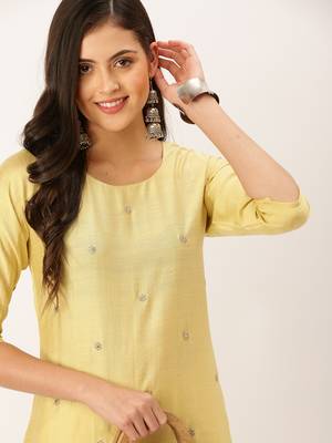women's calf length round neck yellow solid straight kurta 1