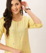 women's calf length round neck yellow solid straight kurta