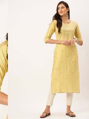 women's calf length round neck yellow solid straight kurta 2
