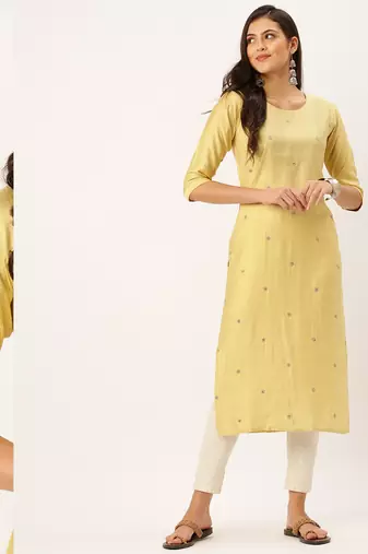 women's calf length round neck yellow solid straight kurta