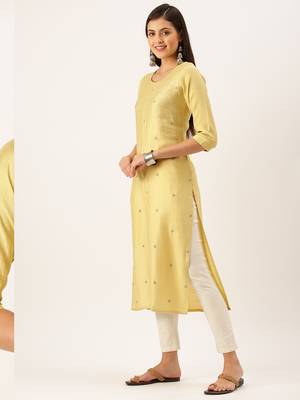 women's calf length round neck yellow solid straight kurta 3