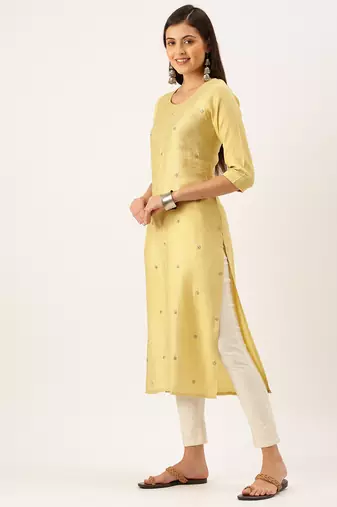 women's calf length round neck yellow solid straight kurta