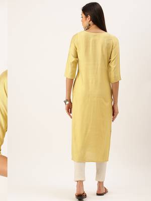 women's calf length round neck yellow solid straight kurta 4