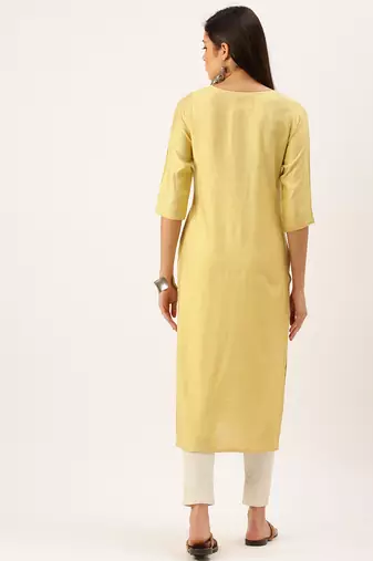 women's calf length round neck yellow solid straight kurta