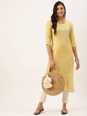 women's calf length round neck yellow solid straight kurta 5