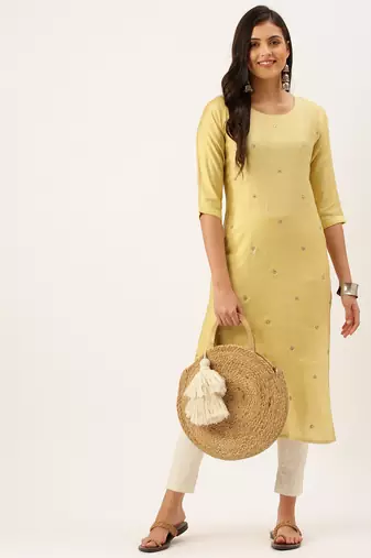 women's calf length round neck yellow solid straight kurta