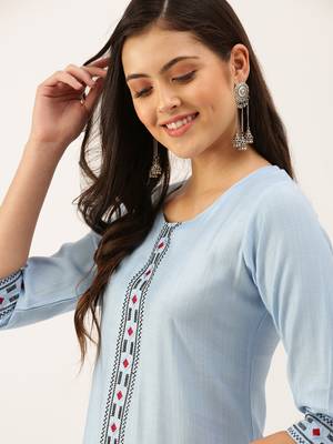 women's calf length round neck blue solid straight kurta 1