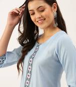 women's calf length round neck blue solid straight kurta