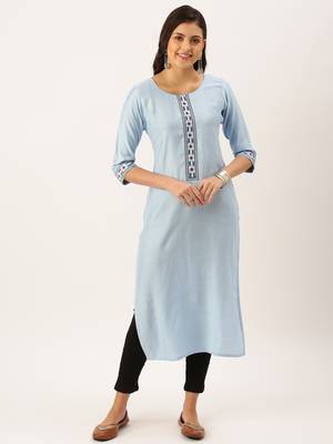 women's calf length round neck blue solid straight kurta 2