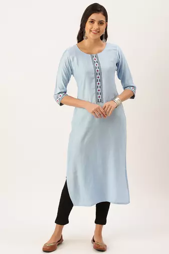women's calf length round neck blue solid straight kurta