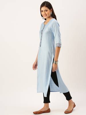women's calf length round neck blue solid straight kurta 3