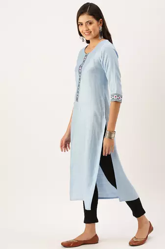 women's calf length round neck blue solid straight kurta