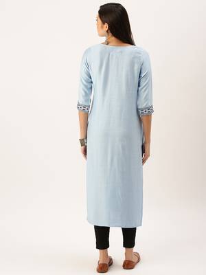 women's calf length round neck blue solid straight kurta 4