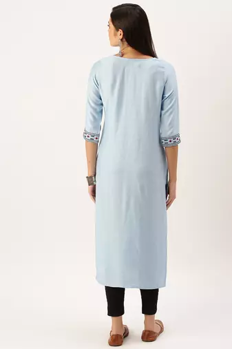 women's calf length round neck blue solid straight kurta