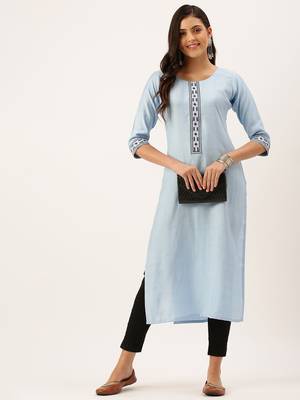 women's calf length round neck blue solid straight kurta 5