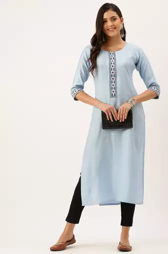 women's calf length round neck blue solid straight kurta