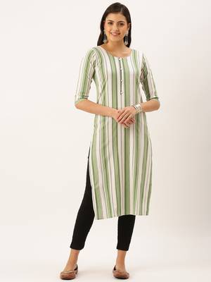 women's calf length round neck green striped straight kurta 2