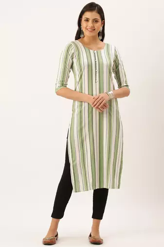 women's calf length round neck green striped straight kurta