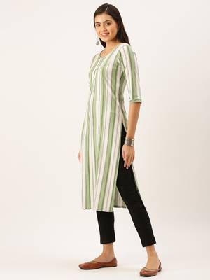women's calf length round neck green striped straight kurta 3