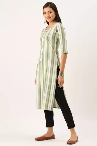 women's calf length round neck green striped straight kurta