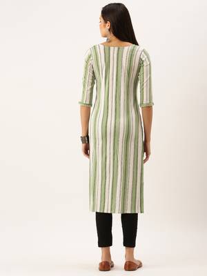 women's calf length round neck green striped straight kurta 4