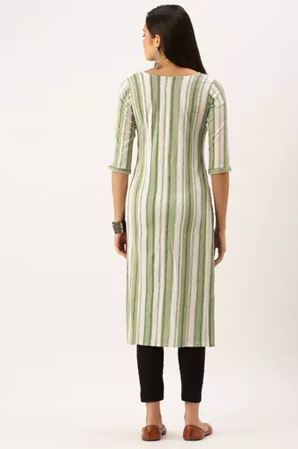 women's calf length round neck green striped straight kurta