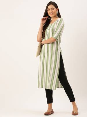 women's calf length round neck green striped straight kurta 5
