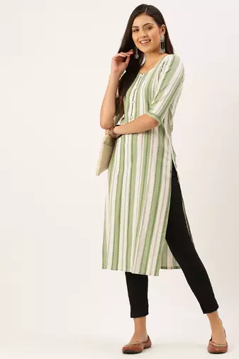 women's calf length round neck green striped straight kurta