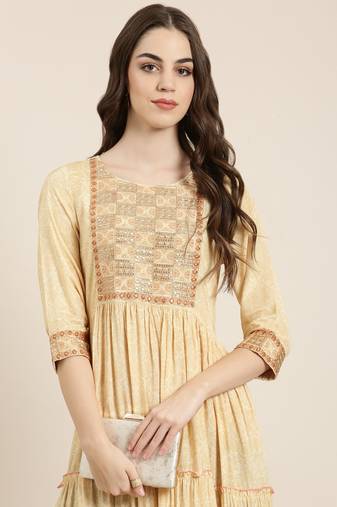 women's ankle length round neck yellow floral anarkali kurta