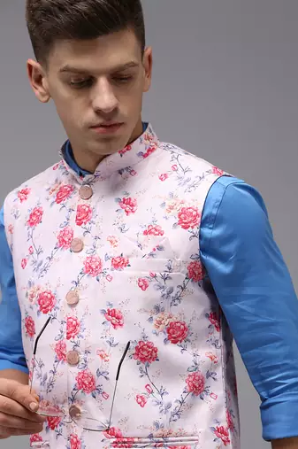 Men's Printed Pink Ethnic Nehru Jackets