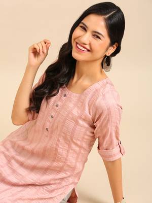 women's calf length round neck pink embellished straight kurta 1