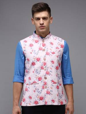 Men's Printed Pink Ethnic Nehru Jackets 1