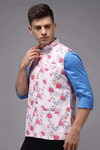 Men's Printed Pink Ethnic Nehru Jackets