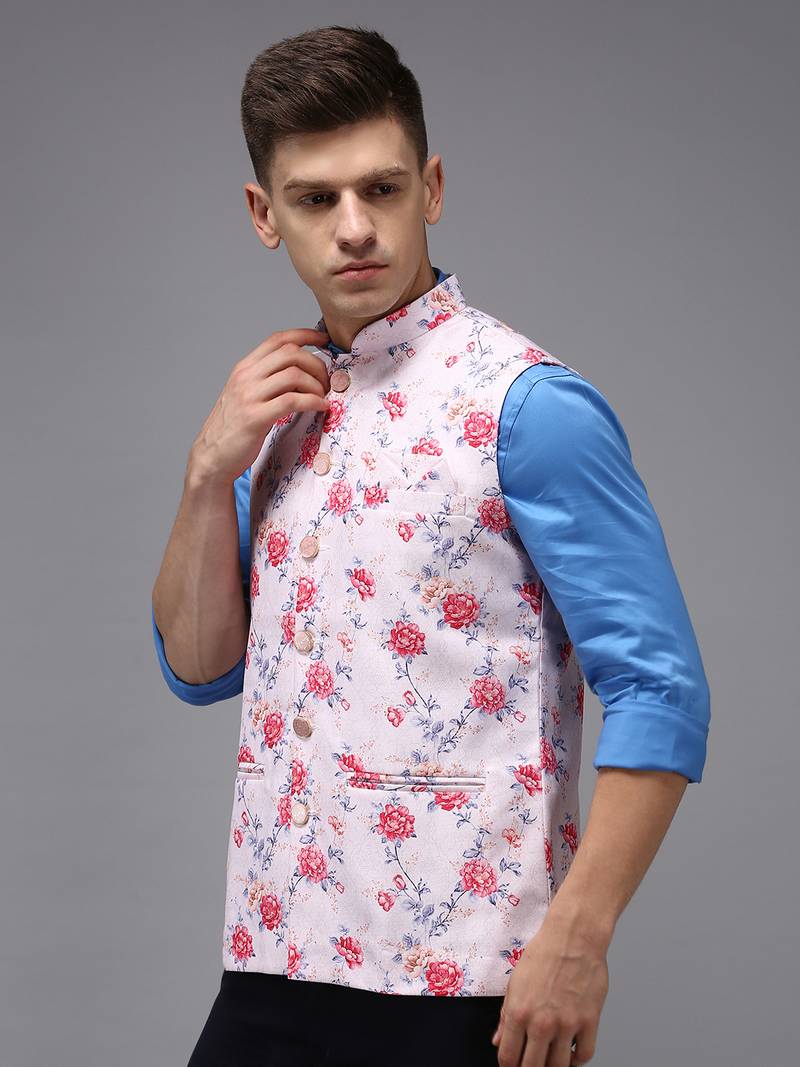 Men's Printed Pink Ethnic Nehru Jackets
