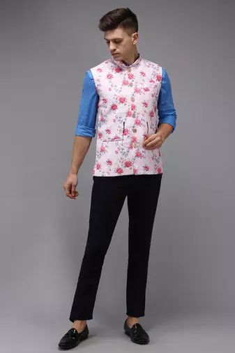 Men's Printed Pink Ethnic Nehru Jackets