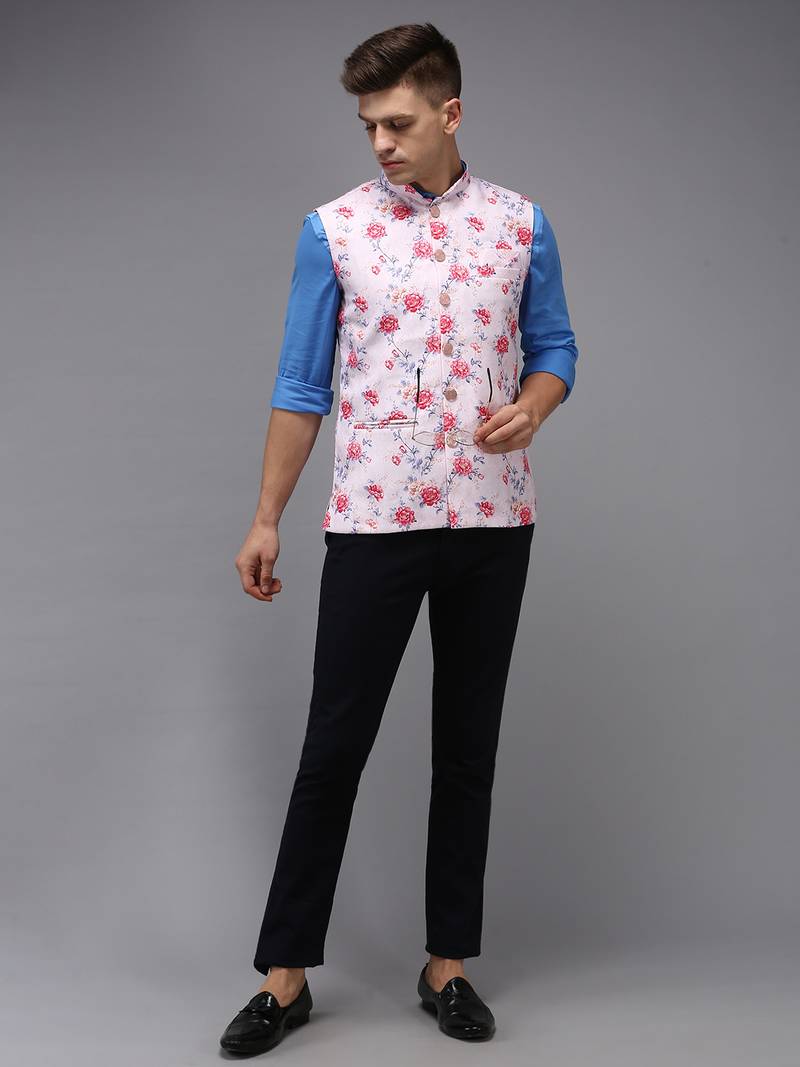 Men's Printed Pink Ethnic Nehru Jackets