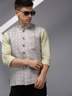 Men's Printed Fluorescent Green Ethnic Nehru Jackets 2