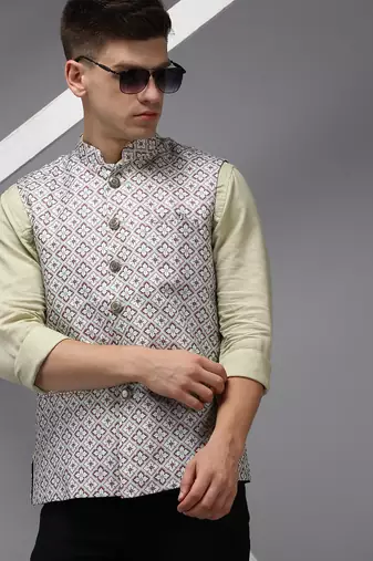 Men's Printed Fluorescent Green Ethnic Nehru Jackets