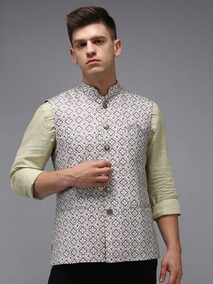 Men's Printed Fluorescent Green Ethnic Nehru Jackets 1