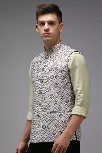 Men's Printed Fluorescent Green Ethnic Nehru Jackets