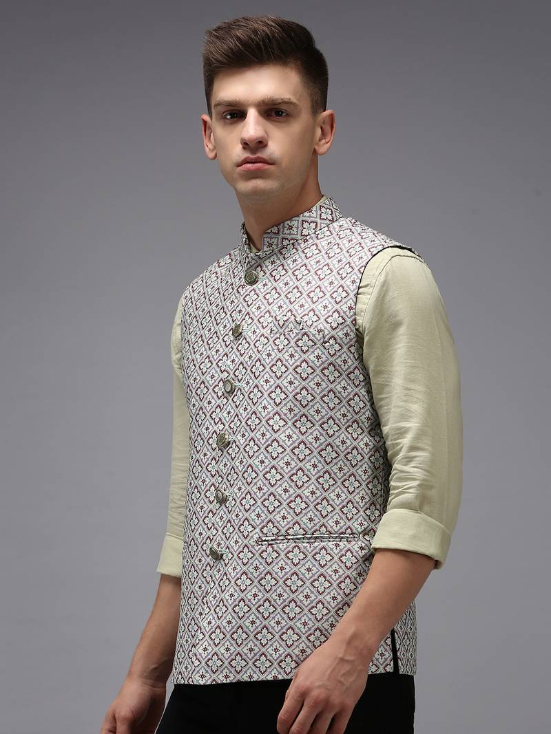 Men's Printed Fluorescent Green Ethnic Nehru Jackets