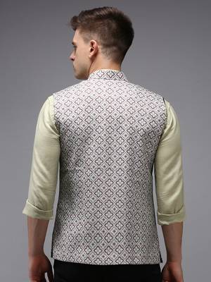Men's Printed Fluorescent Green Ethnic Nehru Jackets 4